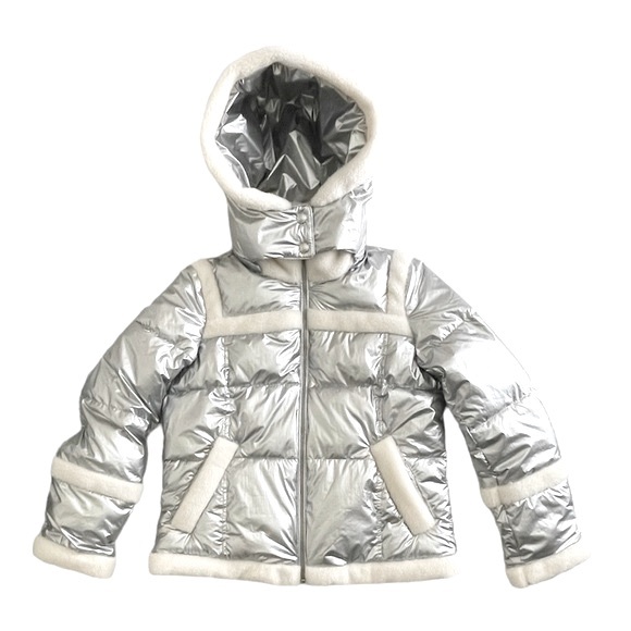 Sam Edelman METALLIC FLEECE TRIM HOODED PUFF COAT IN SILVER NWT - Picture 6 of 14